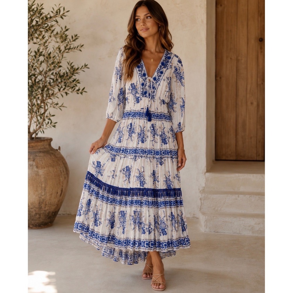 Anthropologie Me 2 Magic Tiered Dress Womens XL Blue Embroidered Tassel Tie Boho - Picture 1 of 15